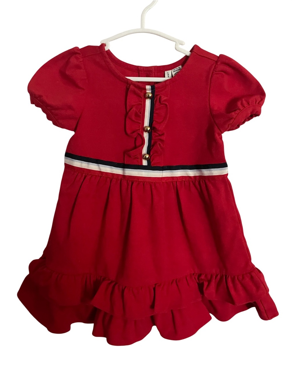 12/18 Months Janie and Jack Red Puff-Sleeve Ruffle Dress with Navy-Trim Waist